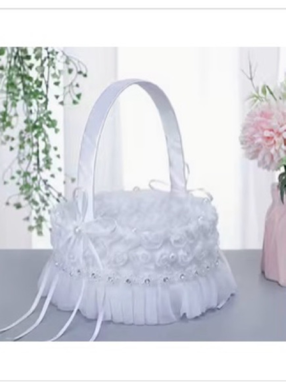 Elegant White Flower Shell Bridal Basket with Ribbon Handle